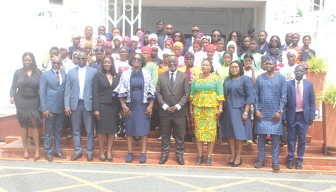 Justice Paul Baffoe-Bonnie (5th from right), acting Chief Justice; Justice Prof. Olivia Anku-Tsede (5th from left), Chair of Mentoring Planning; Sandra Thompson (4th from left), Secretary of the Bank of Ghana; participants, and the Orange Girls. Picture: ESTHER ADJORKOR ADJEI 