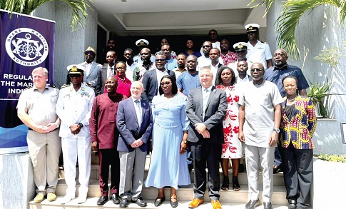 Dr Kamal-Deen Ali (2nd from right), Director-General of the Ghana Maritime Authority; Commander Richard Waltets (left), UK Defense Advisor; Vice Admiral Godwin Livinus Bessing (2nd from left),Chief of Naval staff;  Richard Fedieley (3rd from left), Director-General, Administration, Ministry of Transport, and other participants after the Conference