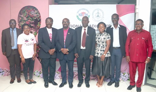 Prof Joel Yarney (3rd from left), Oncology and Radiotherapy Consultant, Korle Bu Teaching Hospital, with Dr Yakubu Seidu Adam (4th from right), Chief Executive Officer, Korle Bu Teaching Hospital; Prof. Yaw Boateng-Mensah (2nd from right), Radiologist, and some dignitaries after the public lecture. Picture: ELVIS NII NOI DOWUONA 
