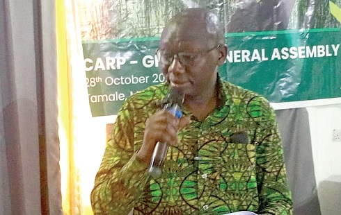 Baba Ahmed Abdul Rahaman, Deputy Director of the Regional Coordinating Council, addressing the assembly on behalf of Ali Adolf John, the Northern Regional Minister