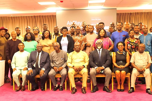 Asare Konadu Yamoah (seated middle), President of the GPA; Justice D. Dominic Adjei (seated 2nd from left), a Justice of the Supreme Court; Prof. Yaw Nyadu Offei (seated 3rd from left), Audiologist, University of Education, Winneba; Edward Yaw Udzu (seated 3rd from right), Vice-President of GAP,  with other dignitaries and participants in the meeting. Picture: EDNA SALVO KOTEY