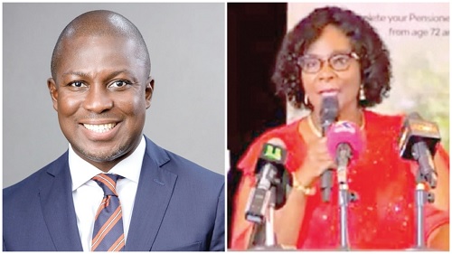 Kwasi Afreh Biney —  Director-General of SSNIT, Rosemary Amerley Sackey —  Former General Manager, Benefits, speaking at the symposium