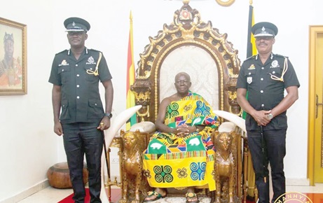 Commissioner of Police Emmanuel Teye Cudjoe (left) and Deputy Commissioner of Police Arthur Osei Akoto (right) with  Otumfuo Osei Tutu, Asantehene, during the courtesy call. Picture: EAMMANUEL BAAH