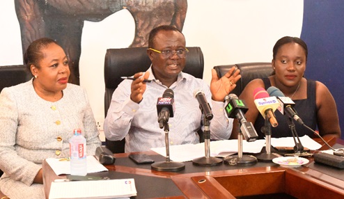 Joseph Osei Owusu (2nd from left), Chairman of the Presidential Election Committee, addressing a press conference in Accra. With him are Barbara Benisa (left) and Afua Gyekyewaa (right), members of  the committee. Picture: SAMUEL TEI ADANO