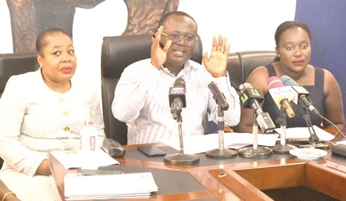 Joseph Osei Owusu (2nd from left), Chairman of the Presidential Election Committee, addressing a press conference in Accra. With him are Barbara Benisa (left) and Afua Gyekyewaa (right), members of  the committee.