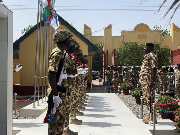 Nigeria's Chief of Army Staff, Lieutenat-General Waidi Shaibu inspects troops, during the tour of Theatre Command Operation Lafiya Dole, in Maiduguri, Borno, Nigeria, November 6, 2025. REUTERS/Ahmed Kingimi 