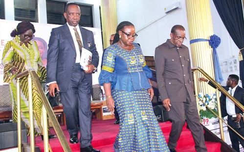 Alban Bagbin (right), Speaker of Parliament; Prof. Nana Aba Appiah Amfo (2nd from right), Vice-Chancellor, UG; Alex Apau Dadey (2nd from left), Chairman, KGL Group, and Doris Kisiwa Ansah (left), Chairperson, UG Alumni Association, exiting the hall in a procession after the lecture. Picture: ERNEST KODZI