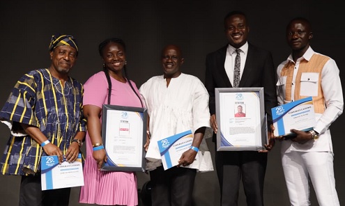From left: Edmund Smith-Asante; Esther Somuah; Severious Kale-Dery, Justice Agbenorsi and Timothy Ngnenbe, awardees of the 29th GJA Awards from the Graphic Communications Group Ltd