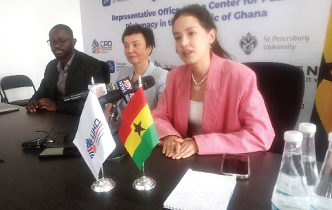 Polina Kvitnykh (right), CPD (Ghana), addressing the press