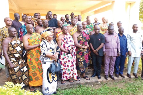 Ahmed Ibrahim (4th from right), Minister for Local Government, Chieftaincy and Religious Affairs, Osagyefo Oseadeeyo Agyemang Badu (middle), President of the Bono Regional House of Chiefs, and Joseph Addae Akwaboa (3rd from right), Bono Regional Minister, with members of the Bono Regional House of Chiefs