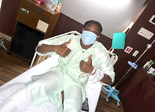 • Francis Abu showing a positive attitude after his surgery last Saturday 