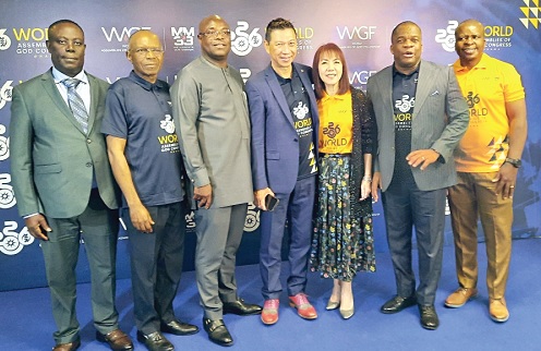 Dominic Yeo (middle), Global Chairman, World Assemblies of God; Rev. Stephen Wengam (2nd from right), General Superintendent, Assemblies of God, Ghana; Prof. Paul Frimpong-Manso (left), former General Superintendent, Assemblies of God, Ghana; Eric Seddy Kutortse (3rd from left), Executive Chairman, First Sky Group, and other dignitaries. Picture: ERNEST KODZI 