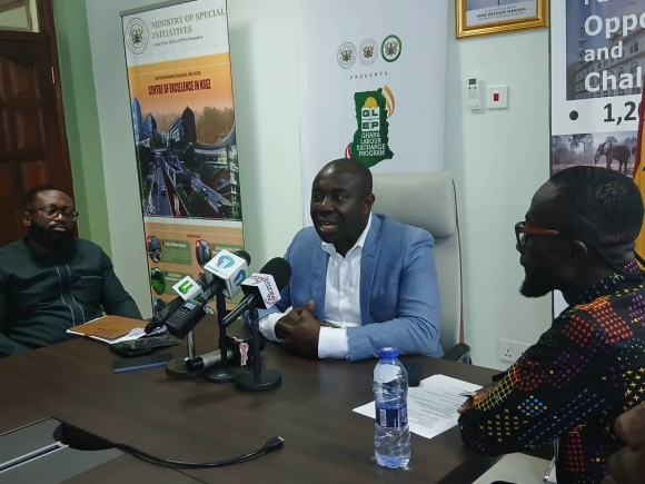 Emmanuel Kwadwo Agyekum Minister of State in charge of Special Initiatives addressing journalists