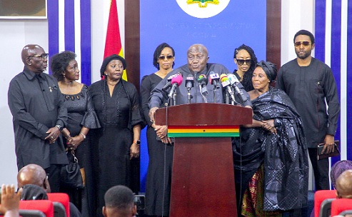 Oheneba Akwasi Abayie (middle), family head of the late Nana Konadu Agyeman-Rawlings, addressing the press Picture: CALEB VANDERPUYE