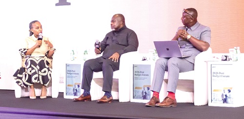 Ayesha Bedwei-Ibe (left), Tax Leader, PwC Ghana; Anthony Sarpong (middle), acting Commissioner-General, GRA, and Samuel Danquah Arkhurst, Director, Real Sector Division at the Ministry of Finance, in a panel discussion at the forum