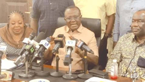 Joseph Osei Owusu (middle), Chairman of the NPP Presidential Elections Committee, addressing the media.