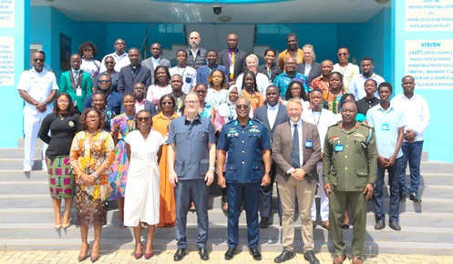 Air Commodore daniel Anettey Akrong (3rd from right front row), Commandant of the Kofi Annan International Peacekeeping Training Centre, John Mikal Kivstad (3rd from left), Norwegian High Commissioner to Ghana, and Prof. Henrik Urdal (2nd from right), a visiting professor, and workshop participants