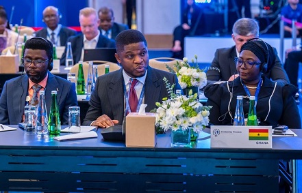 Sammy Gyamfi (middle), CEO of GOLDBOD, addressing the 2025 Kimberley Process Plenary in Dubai