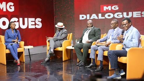 Professor Baffour Agyeman-Duah (right), CEO, The John Agyekum Kuffour Foundation, making his submission during the panel discussion at the media general dialogue. With him on the panel are Martin Kpebu (2nd from left), Dr David Ofosu-Dorte (3rd from left), George Arhin (2nd from right), and Beatrice Adu (left) as the moderator Picture: BENEDICT OBUOBI