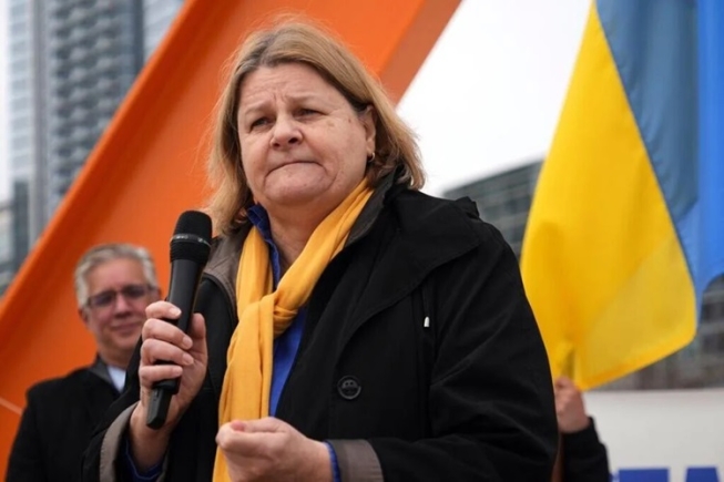 Milwaukee County Circuit Court Judge Hannah Dugan speaks during a rally marking the third anniversary of Russia's invasion of Ukraine on Feb. 24, 2025, in Milwaukee, Wis. (Lee Matz/Milwaukee Independent via AP)