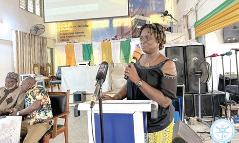 Vera Akuffo-Mante, Ablekuma North Municipal Coordinating Director, speaking at the Town Hall meeting