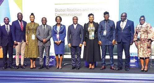 Felix Kwakye Ofosu (5th from right), Minister of Government Communications; Esther Cobbah (4th from right), FIPR President, International Public Relations Ghana; Esi Hammond (5th from left), Council Member and Chairperson for Member Services and Events, IPR Ghana, and other guests at the conference. Picture: ELVIS NII NOI DOWUONA 