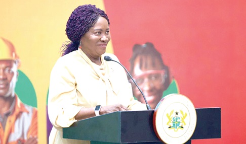 Vice-President Naana Jane Opoku-Agyemang (left) speaking at the matriculation ceremony of 2025 cohorts of the Adwumawura Prrogramme