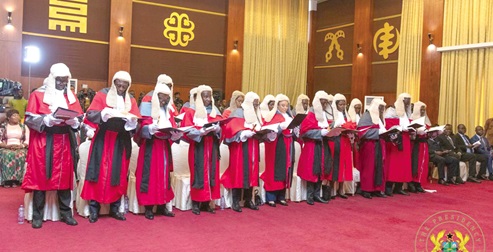 The new Appeal Court Judges swearing the oath of office at the Jubilee House yesterday