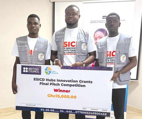 From left: Godson Etsri, Aaron Tawiah Blagodzi and Anyame Ansu Benjamin, all of Sankofa Industries, displaying their prize as winners of the competition