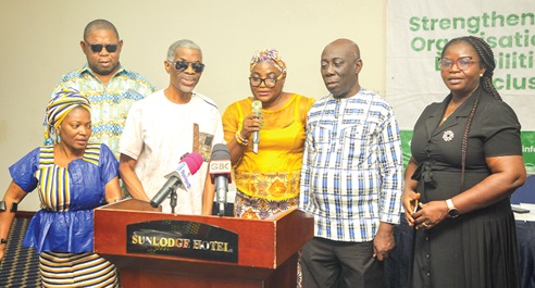 Dr Miriam Rahinatu Iddrisu (middle), representative from the office of the Vice-President of Ghana, declaring the launch of the EU project, with Joseph Atsu Homadzi (2nd from left), National President of GFD, and other officials from the Ghana Federation of Disability. ­Picture: CALEB VANDERPUYE
