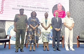 Commander Emmanuel Vigner (right), Director of SIREN Maritime Academy; Rafaël Pont (2nd from right), the Chargé d’Affaires at the French Embassy; Emilia Arthur (middle), Minister of Fisheries and Aquaculture; Horname Noagbesenu (2nd left), Director of Policy Planning, Monitoring and Evaluation at the Centre, after the event