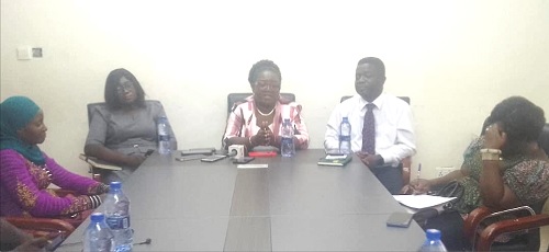 Dr Biritwum-Nyarko (middle) addressing the media. To her left is Dr Joojo Cobbinah, Deputy Central Regional Director, Public Health