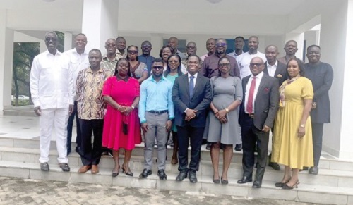 Prof. Ebenezer Danku (4th from right), Deputy Rector at GIMPA, and Dr Nana Ato Arthur (2nd from right), Principal Lecturer at the School of Public Service and Governance, GIMPA, with faculty members and local government officials at the stakeholder engagement on the 3M Executive programme