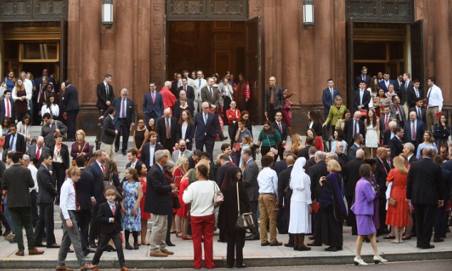 Worshipers leave after last year's Red Mass at the Cathedral of St. Matthew the Apostle in D.C. (Astrid Riecken/For The Washington Post)