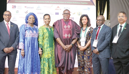 Samuel Ofosu-Ampofo (middle), Policy Adviser for Political Affairs, Office of the Vice-President, with Ann-Marie Hosang-Archer (3rd from left), Board Chair, Health4 Development, Hany Abdallah (3rd from right), Senior Programmes Officer, The Gates Foundation, Abebe Genetu Bayih (left), Local Manufacturing Coordinator, Africa CDC, and Dhananjay Tripathi (right), CEO, Pharmanova Limited, at the conference. Picture: BENEDICT OBUOBI Samuel Ofosu-Ampofo (middle), Policy Adviser for Political Affairs, Office of the Vice-President, with Ann-Marie Hosang-Archer (3rd from left), Board Chair, Health4 Development, Hany Abdallah (3rd from right), Senior Programmes Officer, The Gates Foundation, Abebe Genetu Bayih (left), Local Manufacturing Coordinator, Africa CDC, and Dhananjay Tripathi (right), CEO, Pharmanova Limited, at the conference. Picture: BENEDICT OBUOBI