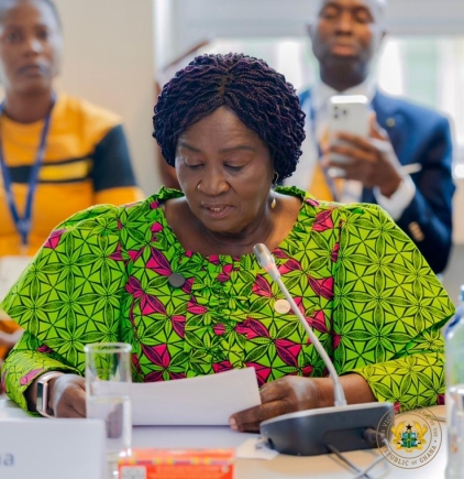 Vice-President Professor Naana Jane Opoku-Agyemang (inset) addressing the Global Forum in Brussels