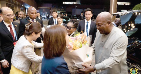 President John Dramani Mahama (right) and Lordina Mahama (2nd from right), First Lady, being welcomed to Beijing by Chinese officials on their arrival. Looking on is Samuel Okudzeto Ablakwa (2nd from left), Foreign Minister