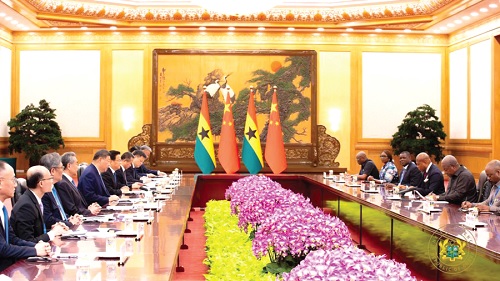 The Ghanaian delegation (right) and their Chinese counterparts having bilateral talks at the Great Hall of the People in Beijing, China
