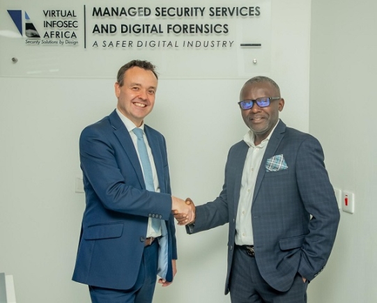 Rt. Hon. Stephen McPartland (left) a former UK Security Minister, with Emmanuel Sekyere Asiedu, Founder & CEO, Virtual InfoSec Africa during the meeting Former UK Security Minister visits AI-driven VIA’s cybersecurity hub