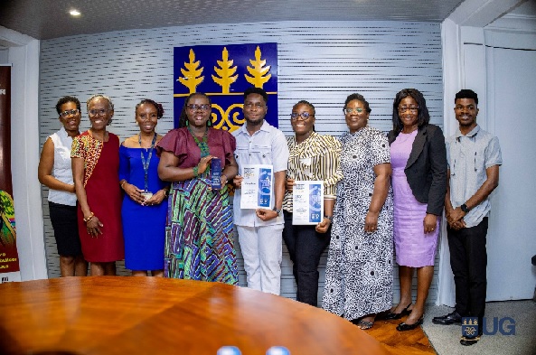 The students presented their awards to Vice-Chancellor Professor Nana Aba Appiah Amfo at a brief ceremony The students presented their awards to Vice-Chancellor Professor Nana Aba Appiah Amfo at a brief ceremony