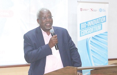 Prof. Fred McBagonluri (left), President, Academic City University, addressing participants in the Medical Expo. Picture: ERNEST KODZI 