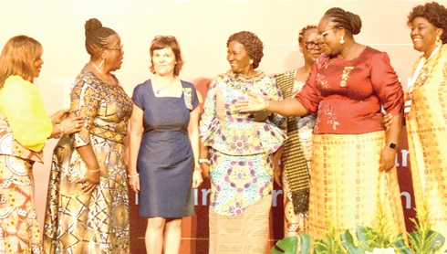 Vice-President Prof. Naana Jane Opoku-Agyemang (4th from left) being introduced by Opeibea Omaboe (right), District  18 Governor,  to some leadership of Zonta 27th International District 18 at the conference in Accra. Picture: SAMUEL TEI ADANO Vice-President Prof. Naana Jane Opoku-Agyemang (4th from left) being introduced by Opeibea Omaboe (right), District  18 Governor,  to some leadership of Zonta 27th International District 18 at the conference in Accra. Picture: SAMUEL TEI ADANO
