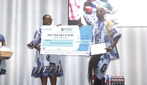 Baba Hamidu (right), the winner of the Wear UG Day Fashion show receiving his prize from Prof. Nana Aba Appiah-Amfo (left), the Vice Chancellor of the University of Ghana. Baba Hamidu (right), the winner of the Wear UG Day Fashion show receiving his prize from Prof. Nana Aba Appiah-Amfo (left), the Vice Chancellor of the University of Ghana.