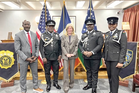 Christian T. Yohuno (2nd from left) IGP, with Commissioner Jessica Tisch (middle). With them are COP Michael N. Frempong (2nd from right), Abass Golfrey (left), FBI Attaché, and ASP Sarah Marfo (right) Christian T. Yohuno (2nd from left) IGP, with Commissioner Jessica Tisch (middle). With them are COP Michael N. Frempong (2nd from right), Abass Golfrey (left), FBI Attaché, and ASP Sarah Marfo (right)