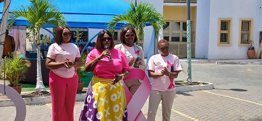 CEO of GTA, Madam Efua Houadjeto speaking at the event Maame Efua Houadjeto encourages women to prioritise their health at GTA’s breast cancer screening