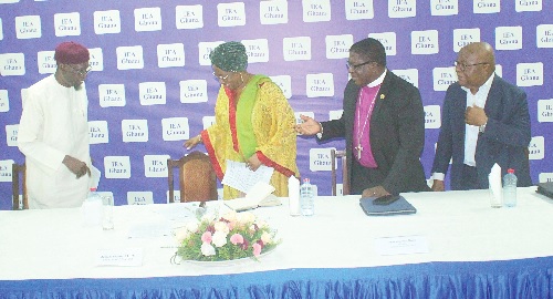 Justice Sophia Akuffo (2nd from left), former Chief Justice,  in the company of Sheikh Aremeyaw Shaibu (left), Office of the National Chief Imam, Paul Boafo (2nd from right), immediate past Presiding Bishop, Methodist Church Ghana, and Prof. Aaron Mike Oquaye (right), former Speaker of Parliament. Picture: ERNEST KODZI 