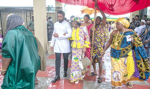 Kimathi Rawlings (left) with the late Nana Konadu Agyeman-Rawlings (2nd from left) during the 60th Anniversary celebration for Nana Afrakoma II, the Queen Mother of the Akwamu Traditional Area