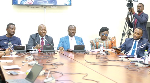 Mahama Ayariga (2nd from left), Majority Leader, explaining a point. With him are Alexander Afenyo-Markin (middle), Minority Leader, and other leaders of Parliament. Picture: ELVIS NII NOI DOWUONA