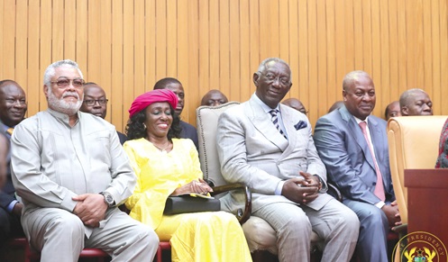 Nana Konadu Agyeman-Rawlings, Former First Lady, with President John Dramani Mahama (right) and former Presidents Jerry John Rawlings (left) and John Agyekum Kufuor (2nd from right)