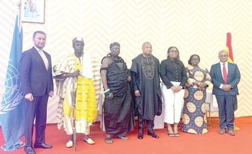 Samuel Okudzeto Ablakwa (middle), Minister of Foreign Affairs, with Zia Choudhury (right), the UN Resident Coordinator; Ambassador Khadija Iddrisu (2nd from right), the Chief Director of the Ministry of Foreign Affairs, alongside some UN delegates and traditional authorities. Samuel Okudzeto Ablakwa (middle), Minister of Foreign Affairs, with Zia Choudhury (right), the UN Resident Coordinator; Ambassador Khadija Iddrisu (2nd from right), the Chief Director of the Ministry of Foreign Affairs, alongside some UN delegates and traditional authorities.
